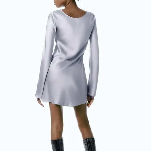 knee length dresses for ladies Draped Backless V-Neck Satin Mini Dress, Grey / Xs main image 1